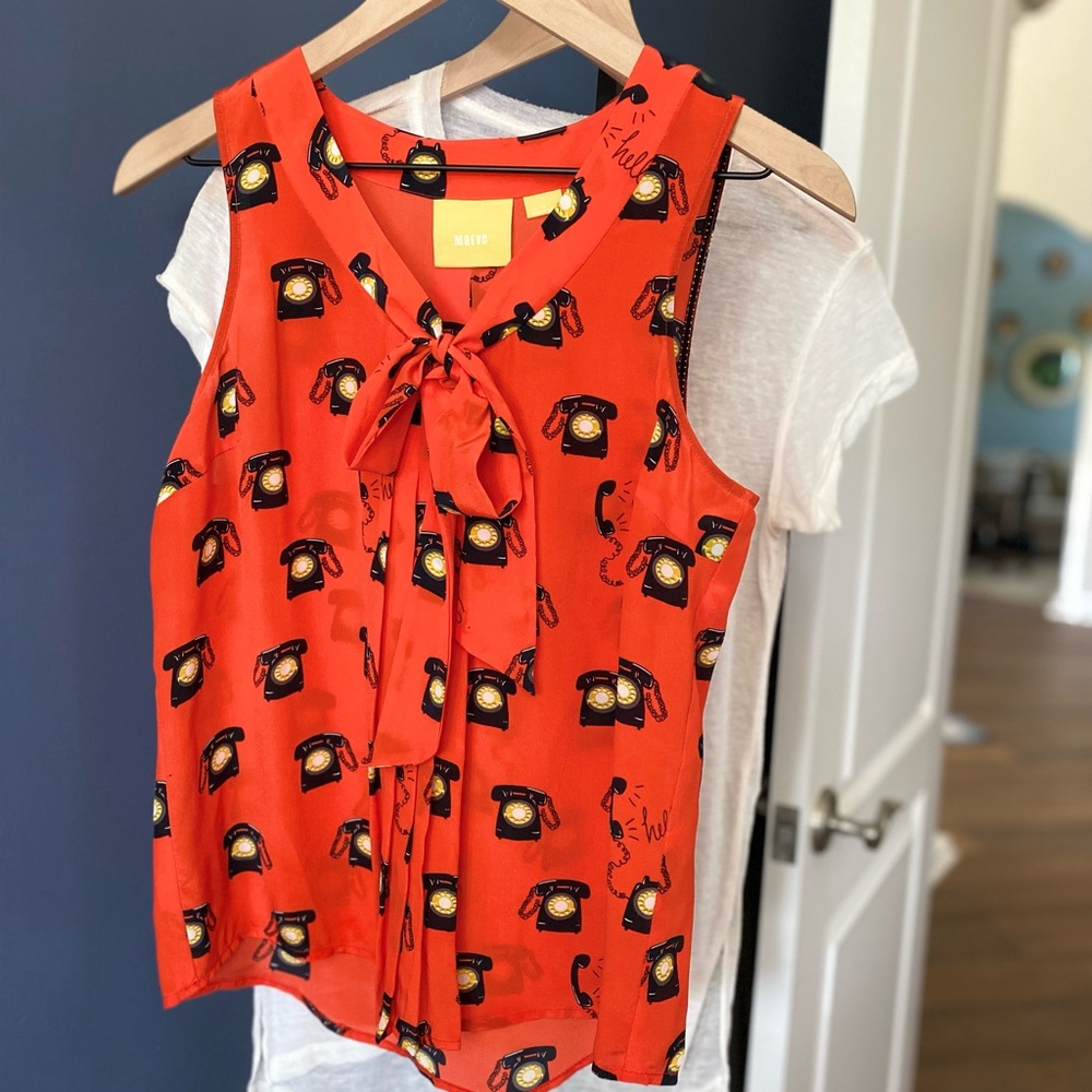 Anthropologie  Maeve Red Telephone Silk Top 4